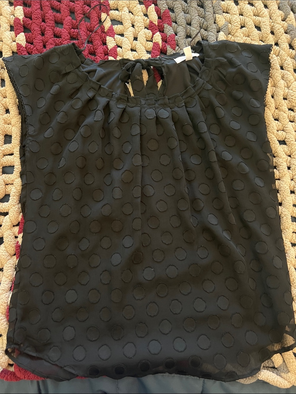LC Lauren Conrad Black Polka Dot Tie-Neck Cap Sleeve Blouse